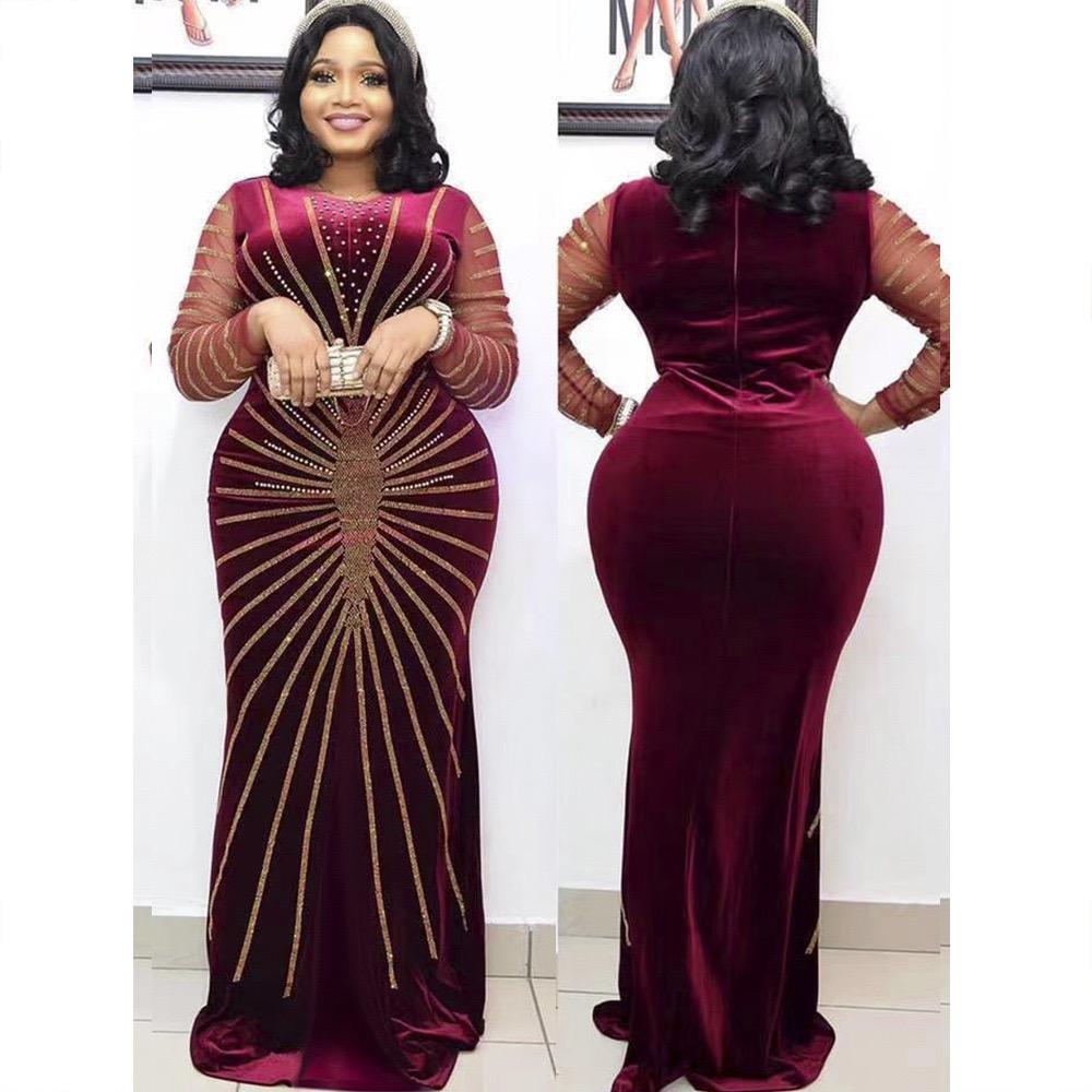 Plus Size Hot Drill Nail Beaded Long-sleeved Solid Color Flannel Commuting Haute Couture Evening Dress