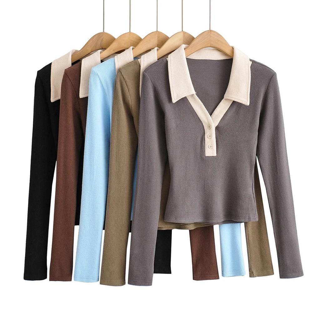 Long Sleeve Slim POLO Collar Stitching Contrast Color Top