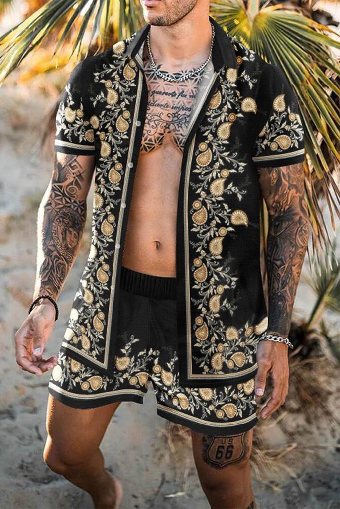 Beach Men's Casual Printed Shorts Shirt Set