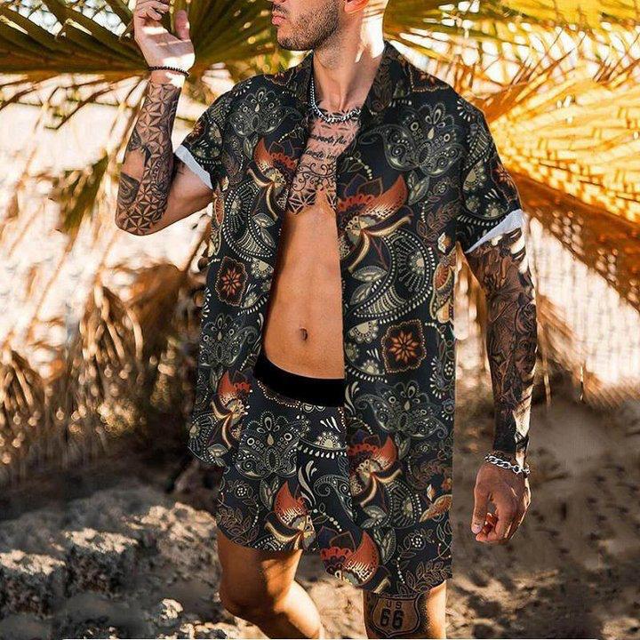 Beach Men's Casual Printed Shorts Shirt Set