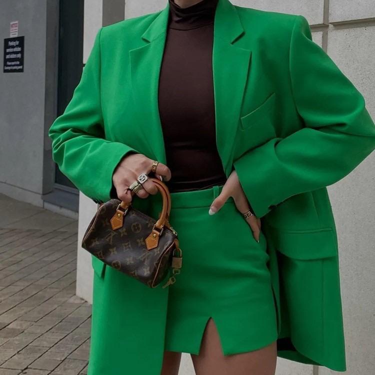 Autumn Lapel Long-sleeved Buttoned Green Blazer High Waist
