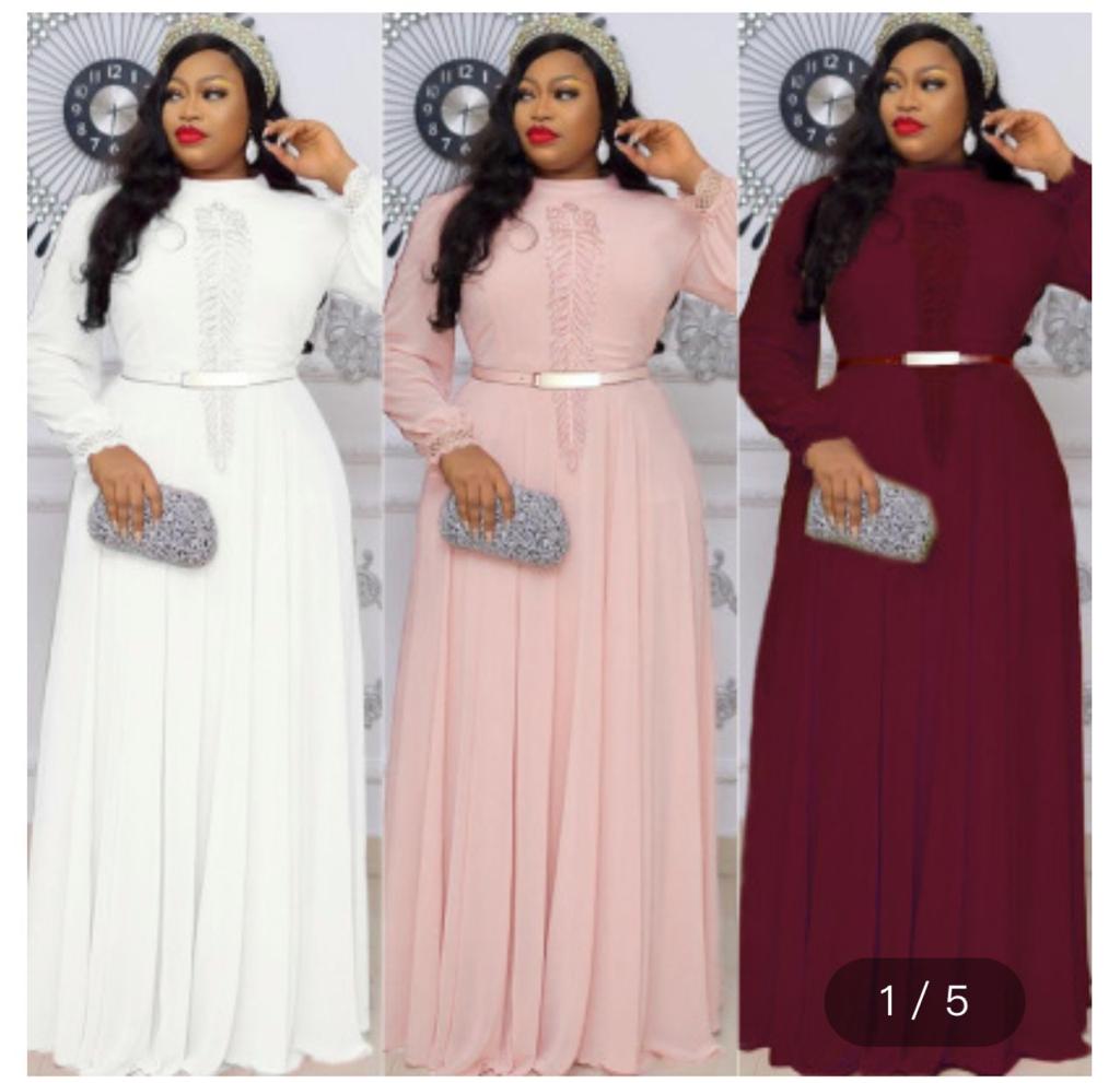 Plus Size Long Sleeve Embroidery Solid Color Chiffon Commuting Haute Couture Evening Dress With Belt