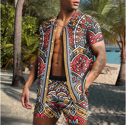Beach Men's Casual Printed Shorts Shirt Set