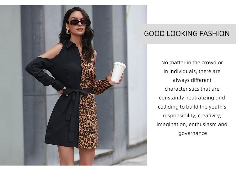 Spring Lapel Off-shoulder Leopard Color Matching Dress