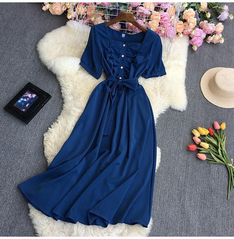 Square Neck Short Sleeve Slim Lace-up Dress