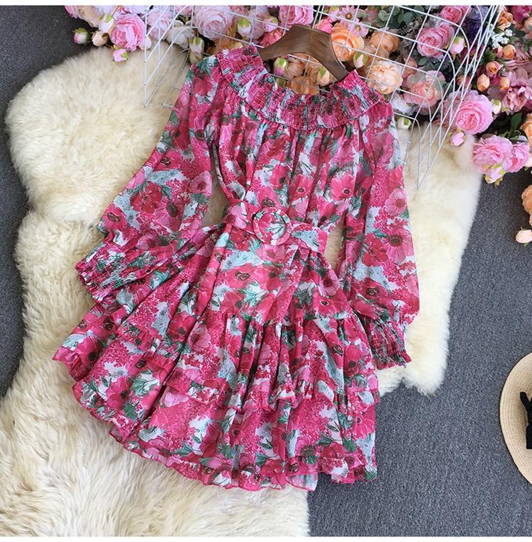 Long Puff Sleeve Slim Short Floral Dress With Belt