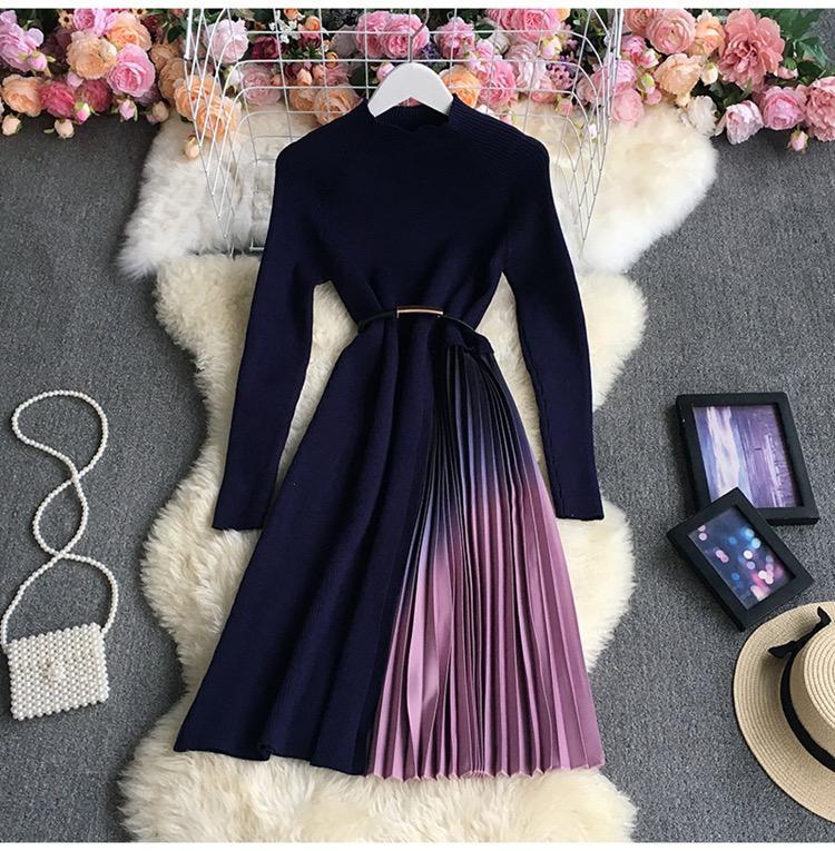Knitted Pleated Gradient Long Sleeve Slim Dress