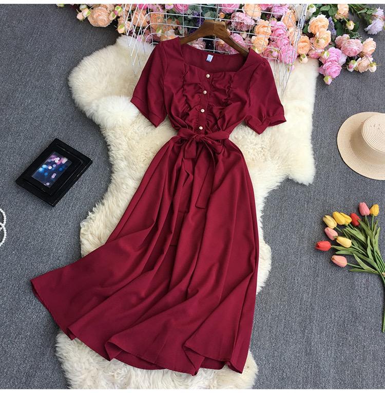 Square Neck Short Sleeve Slim Lace-up Dress