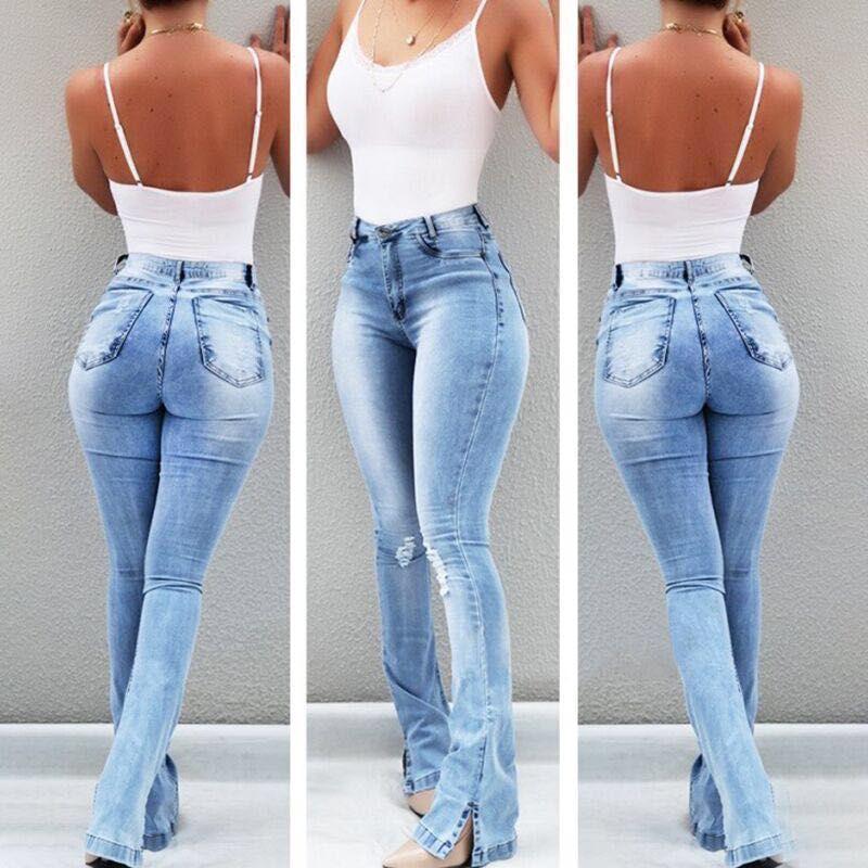 High-waisted Ripped Slit Slim Jeans