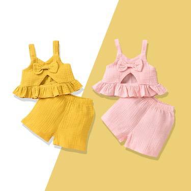 Girl baby sling hollow bow-knot blouse summer sleeveless cotton suit