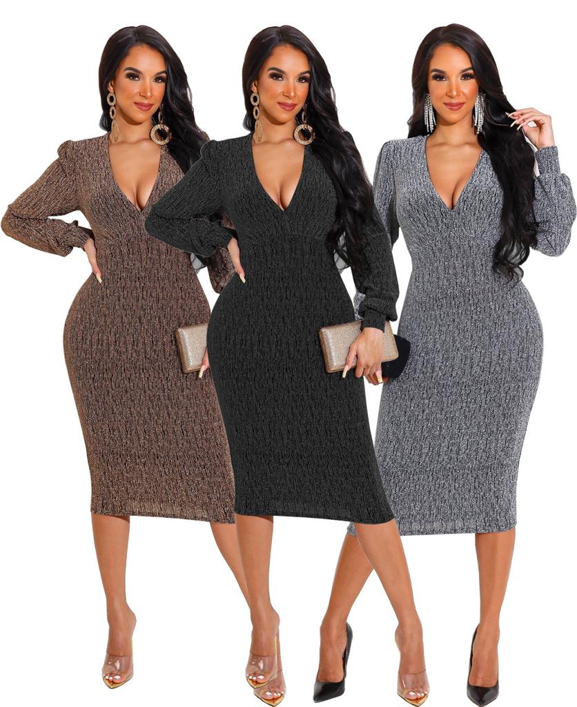 V-neck Long Sleeve Slim Dress