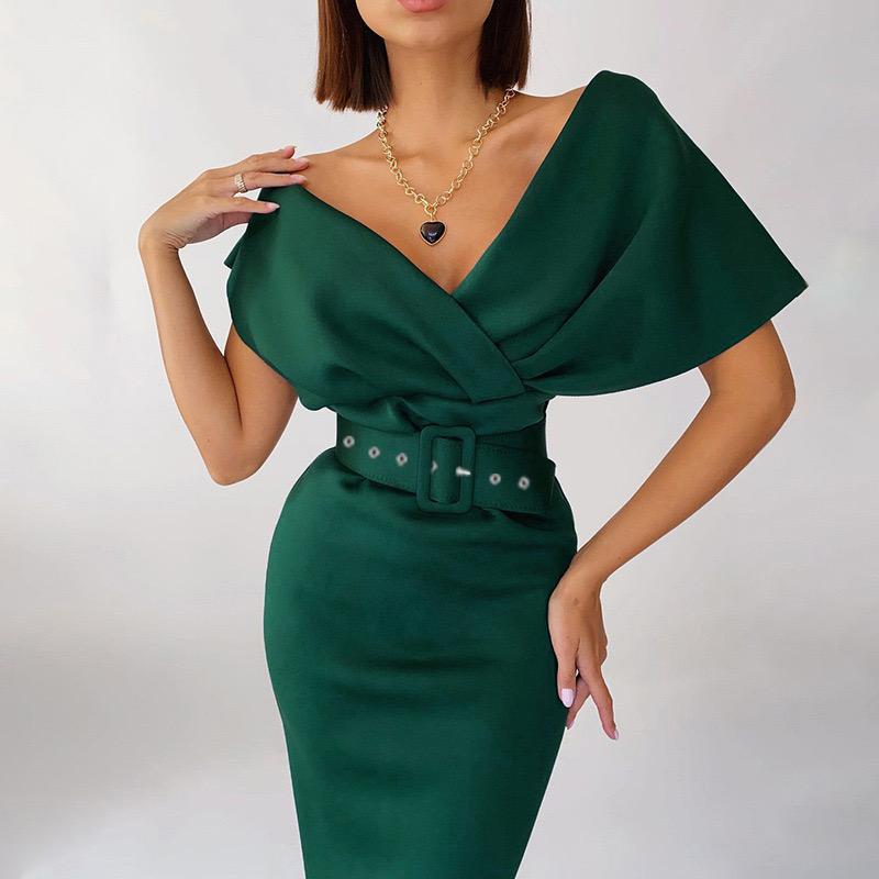 Slim Off-the-shoulder High Waist Solid Color Dress With Belt