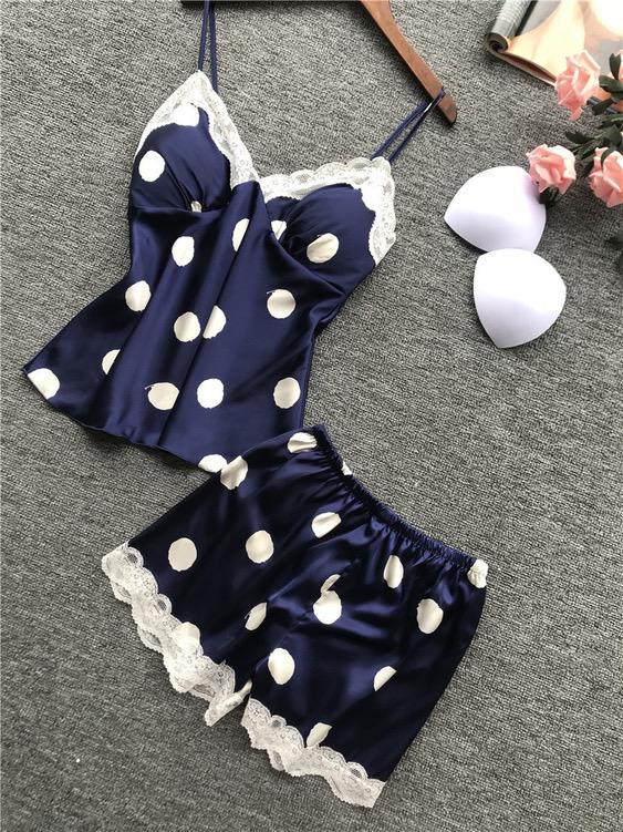 New Satin Lace Polka Dot Suspender Top Shorts Suit