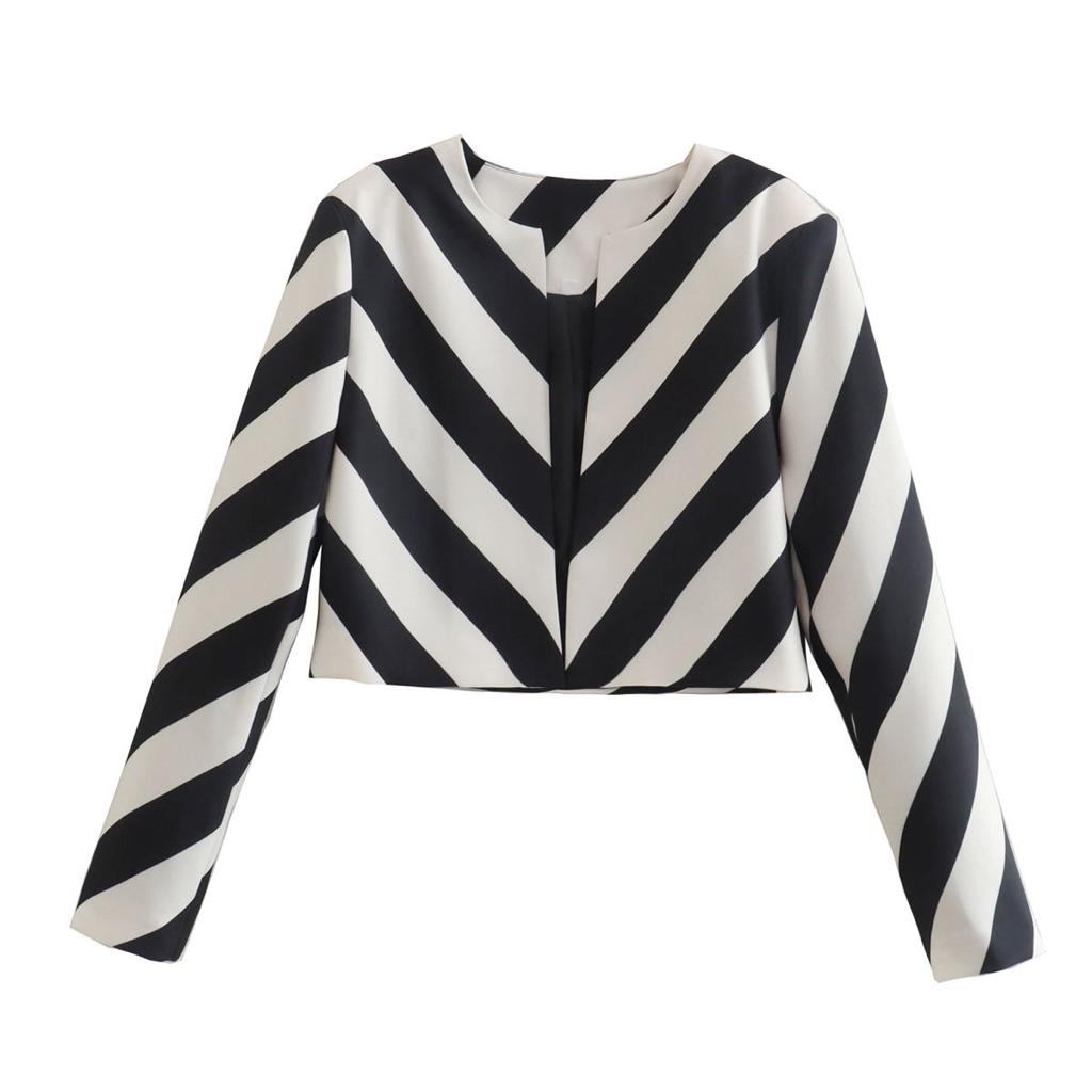 Loose Striped Long Sleeve Crop Coat