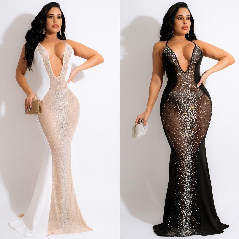 Sexy Deep V-neck Rhinestone Net Yarn Full-length Prom Sheath Dress