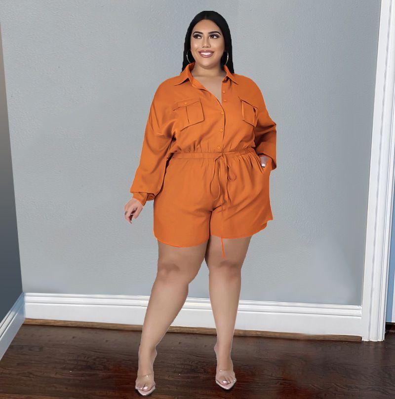 Plus Size Long Sleeve Lapel Lace-up Slim Solid Color Jumpsuit