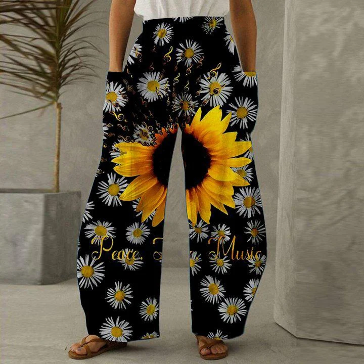 Pants Print Retro Casual Loose long Sunflower elemenys