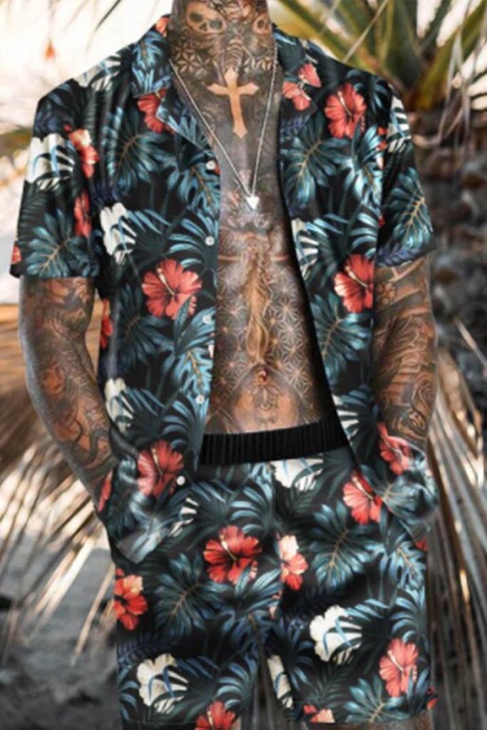 Beach Men's Casual Printed Shorts Shirt Set