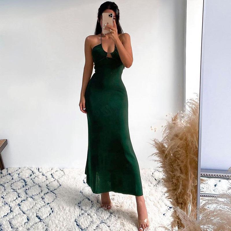 Backless Lace-up Hanging Neck Slim Solid Color Dress