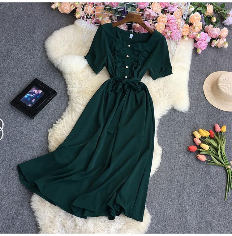 Square Neck Short Sleeve Slim Lace-up Dress
