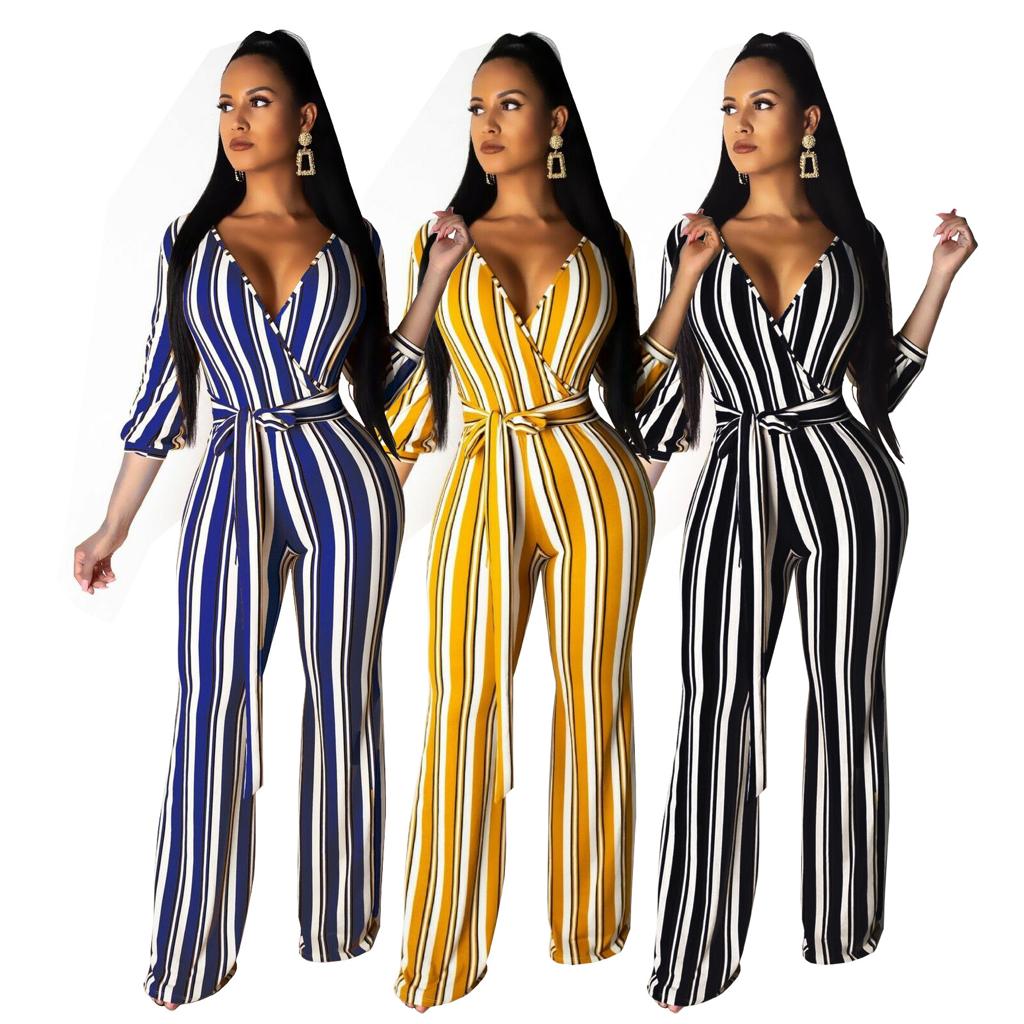 Striped Printed Wide-leg Long Sleeve Jumpsuit