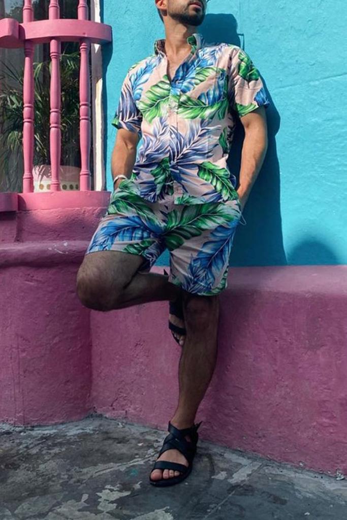 Beach Men's Casual Printed Shorts Shirt Set