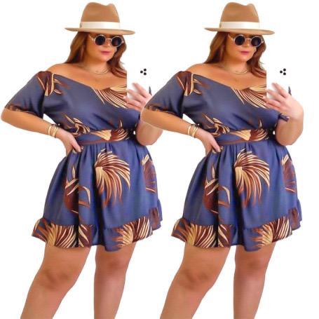 Plus Size Printing Short Sleeve Waist Short Dress