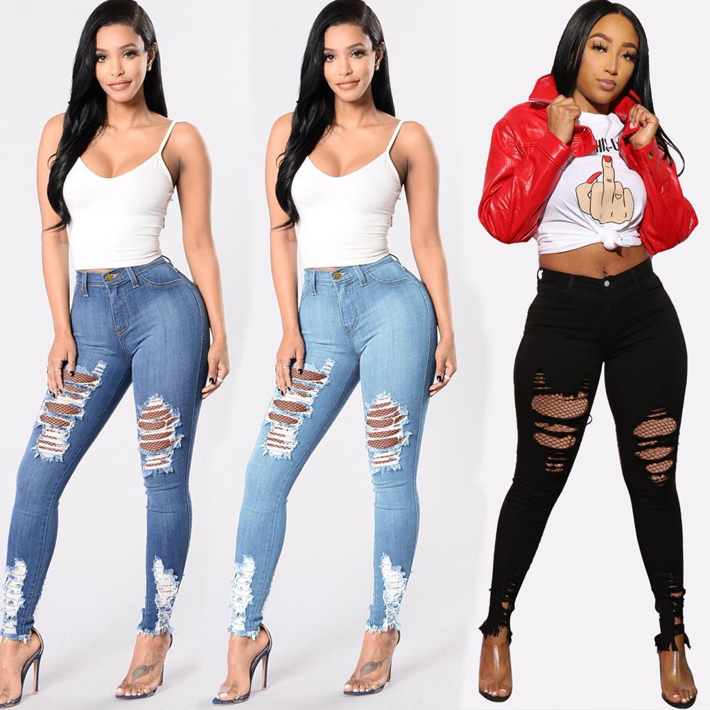 High Waist Slim Ripped Hole Stitching Mesh Slim-fit Jeans