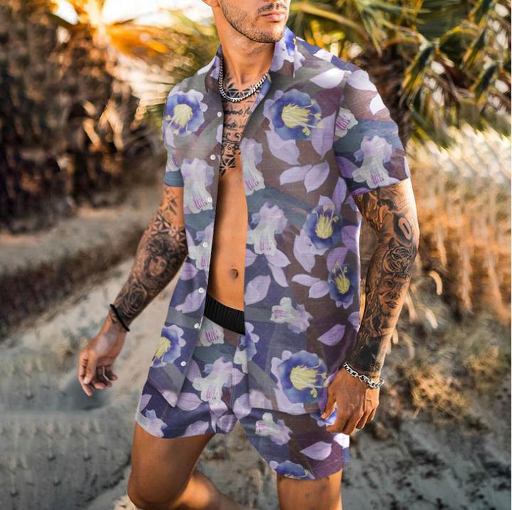 Beach Men's Casual Printed Shorts Shirt Set
