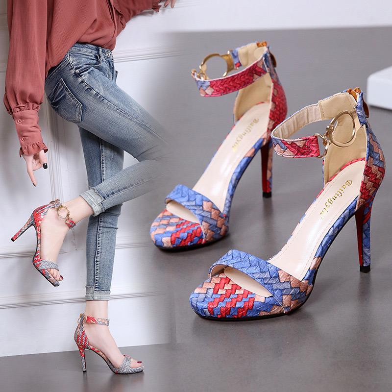 One Word Buckle Open Toe Woven Pattern Stiletto Sandals
