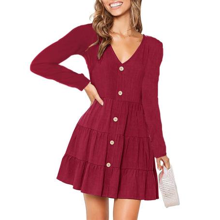 Button Pleated V-neck Long-sleeved Dress