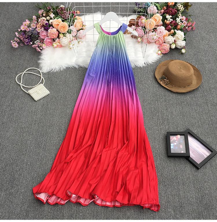 Pleated Rainbow Color Gradient Round Neck Loose Sleeveless Dress