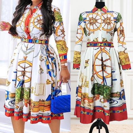 Lapel Long Sleeves High Waist Slim Fit Printing Large Skirt Dress