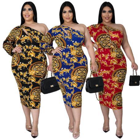 Plus Size Printed Hollow One-shoulder Long-sleeved Slim Dress