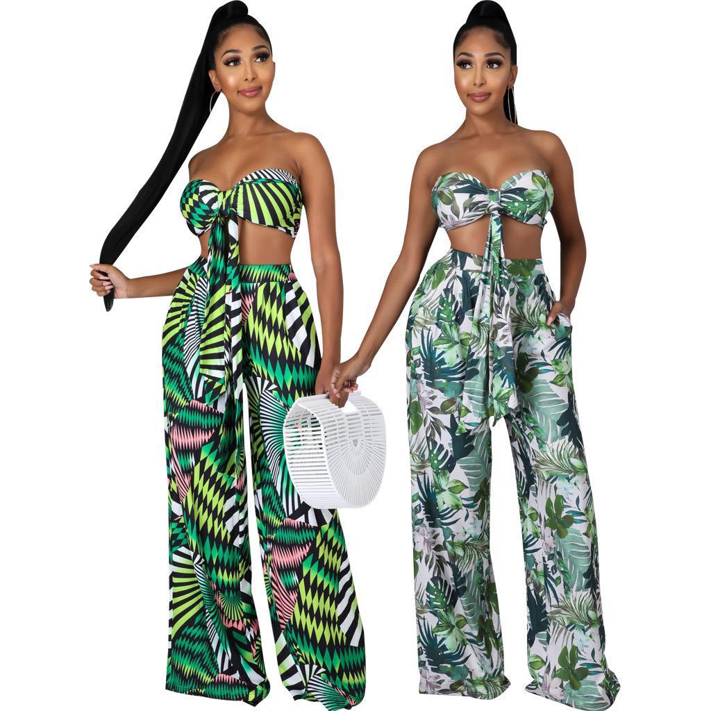 Beach Printing Wrap Chest Stitching Two-piece Set