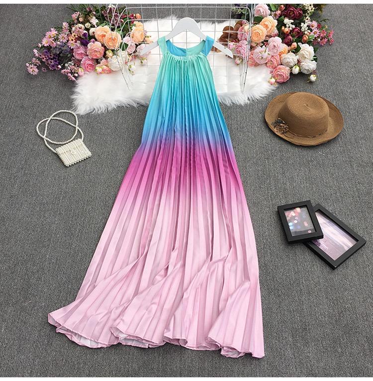 Pleated Rainbow Color Gradient Round Neck Loose Sleeveless Dress