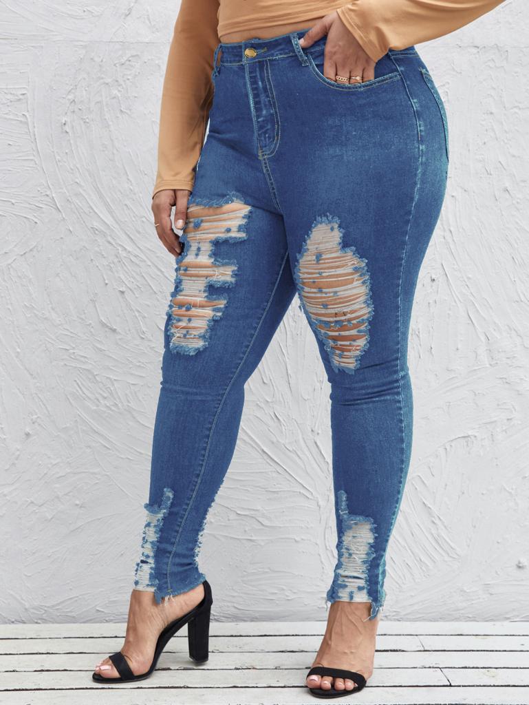 Plus Size High Waist Elastic Ripped Skinny Jeans