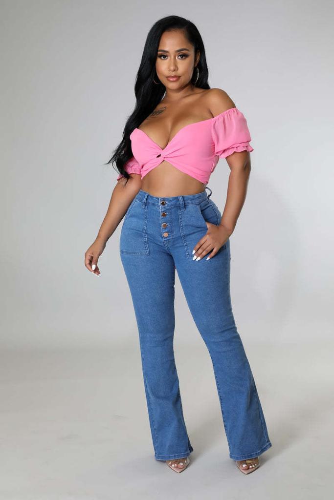 Buttons Stretch High Waist Flared Jeans