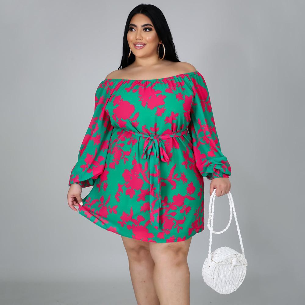Plus Size Printing Long-sleeved Loose Lace-up Dress