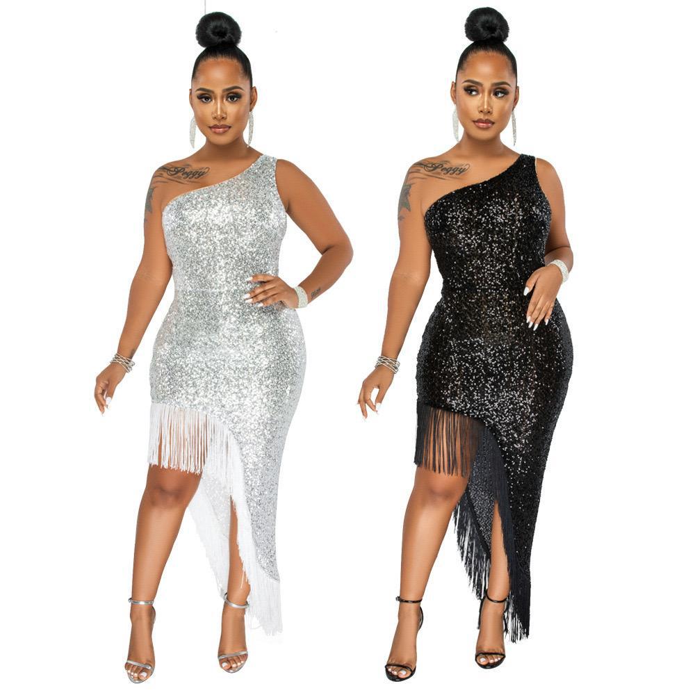 One-shoulder Sequins Fringed Irregular Slit Prom Dress