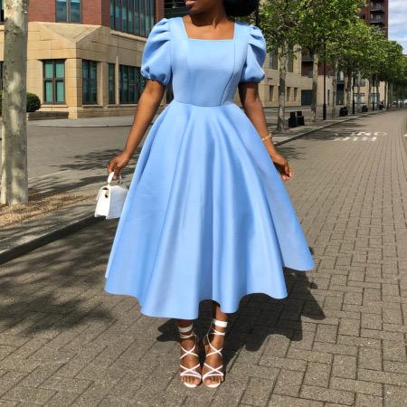 Short-sleeved Pleated Solid Color Large Skirt Dress