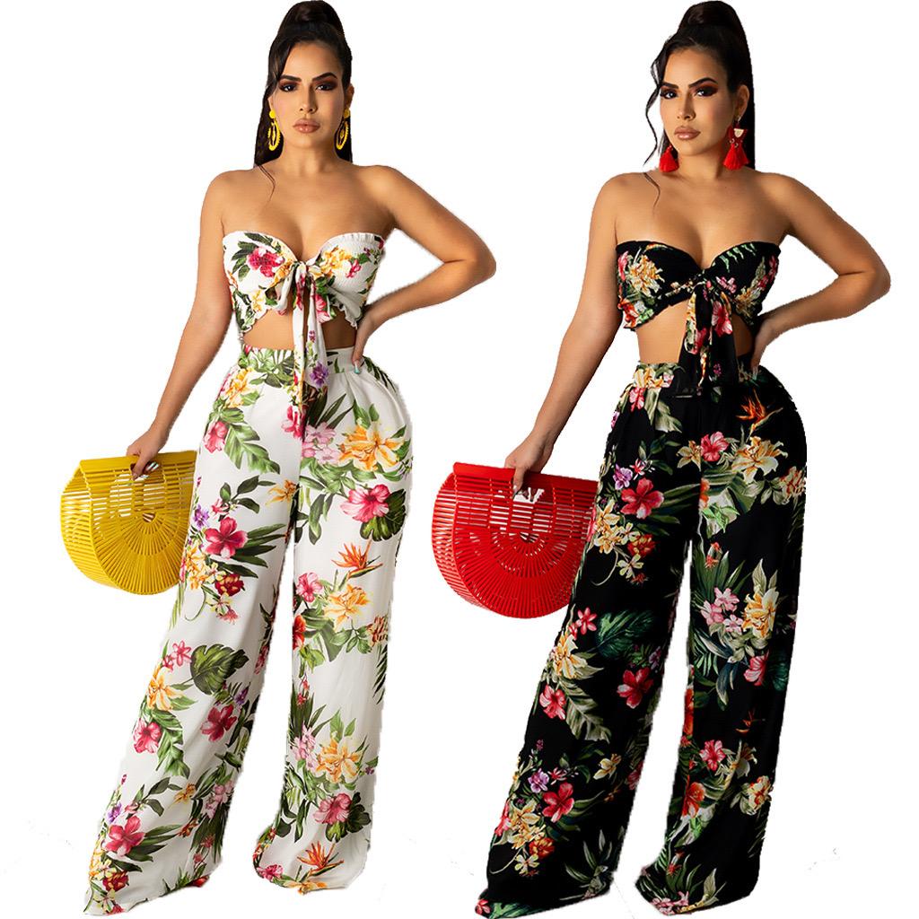 Floral Printing Wrap Chest Stitching Two-piece Set