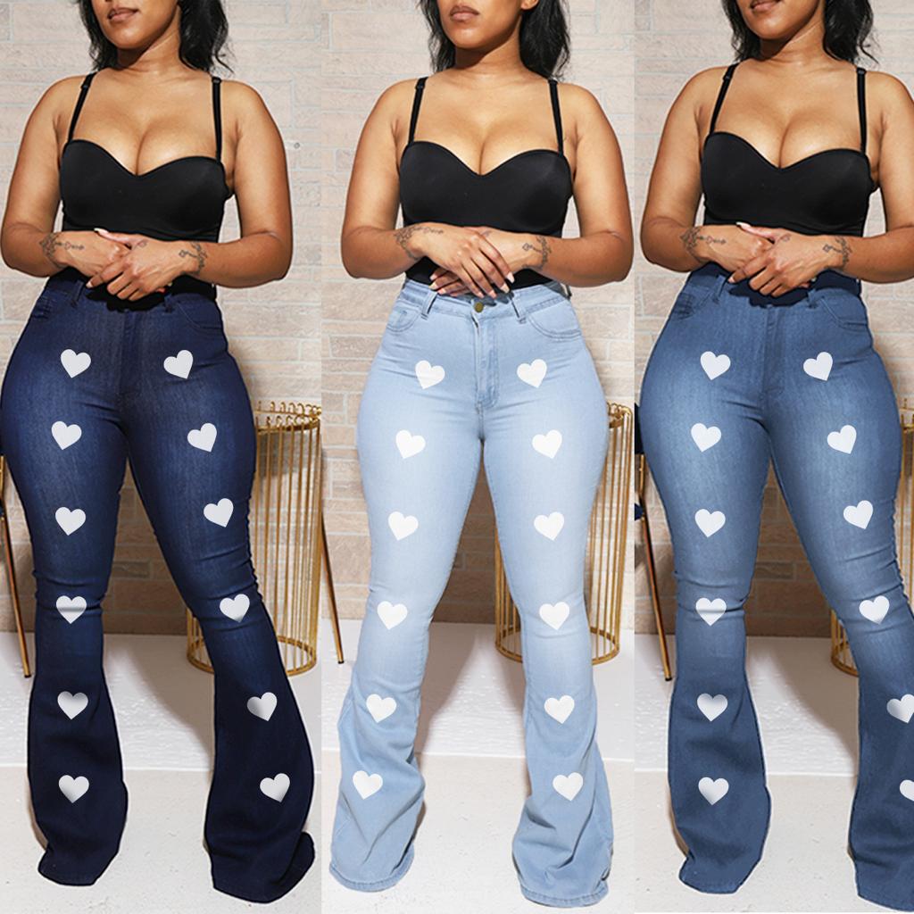 Plus Size High Waist Printed Slim Flared Jeans