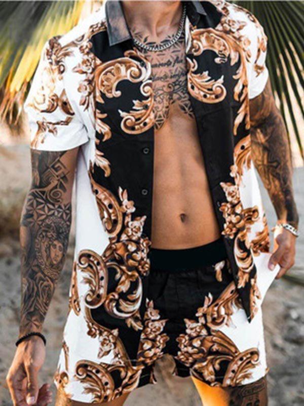 Beach Men's Casual Printed Shorts Shirt Set