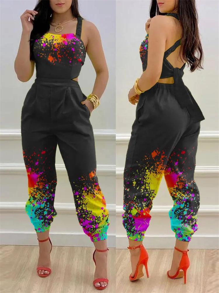 Printing Cross Sling Backless Lace-up Slim Jumpsuit