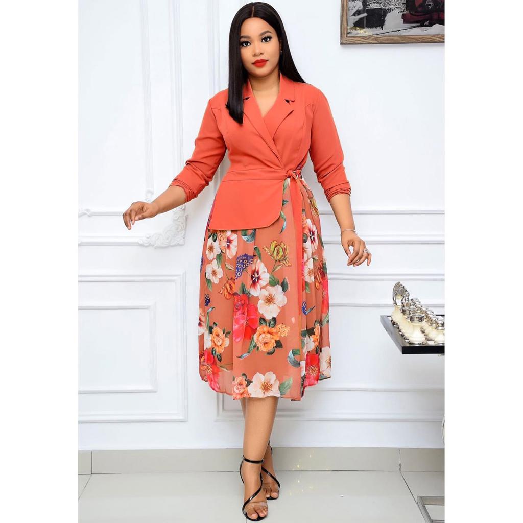 Lapel Top Stitching Floral Skirt Dress