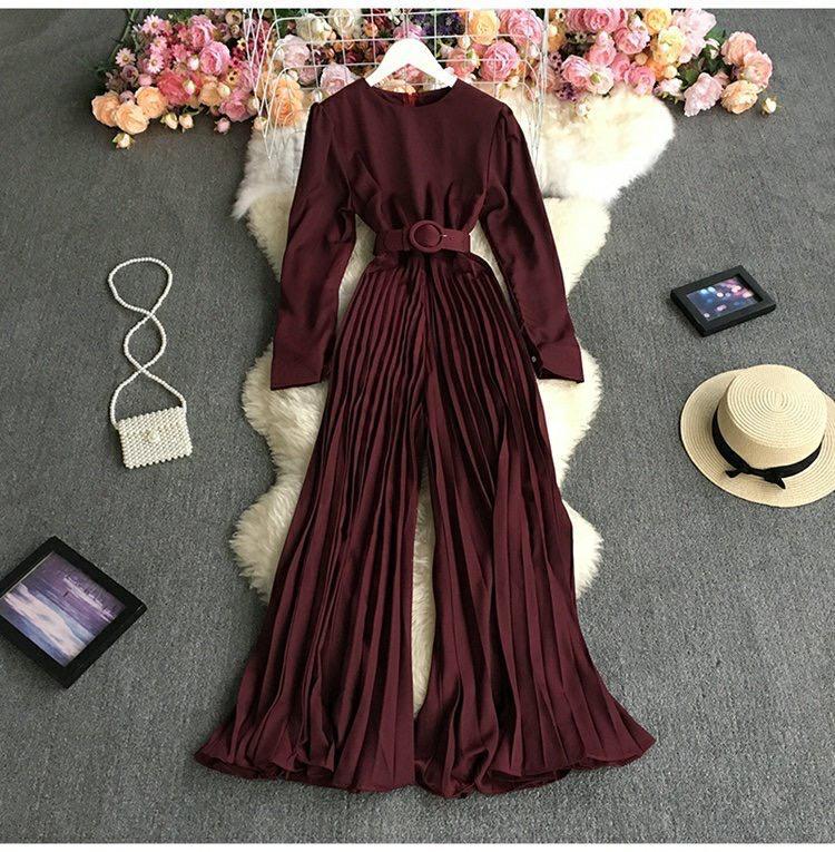 Pleated Solid Color Round Neck Long Sleeves Wide Leg Jumpsuit With Belt