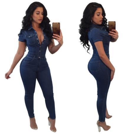 Single-breasted Denim Short Sleeve Jumpsuit