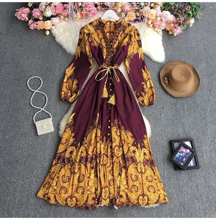 Single-Breasted V-neck Slim Large Swing Lace-up Dress