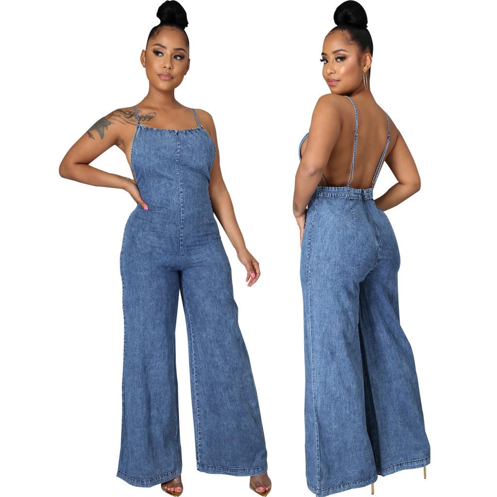 Backless Slip Splicing Denim Jumpsuit